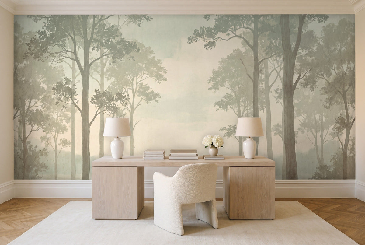 Mint Forest Landscape Mural in a home office