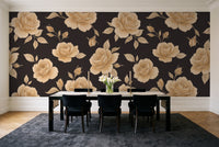 Black And Gold Rose Floral Mural in a dining room