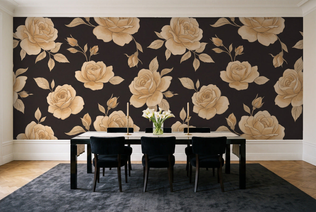 Black And Gold Rose Floral Mural