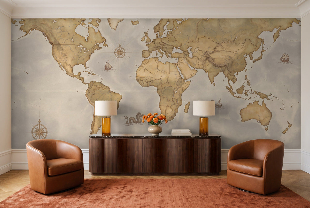 Ochre World Map Map Mural in a living room