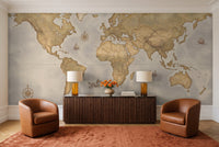 Ochre World Map Map Mural in a living room