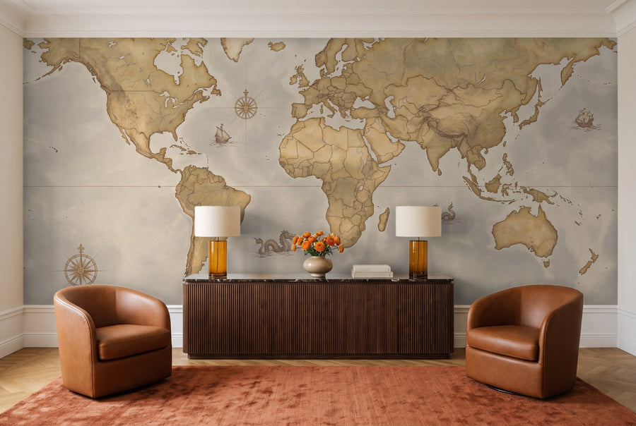 Ochre World Map Map Mural on a wall