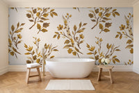Mustard Birch Botanical Mural in a bathroom