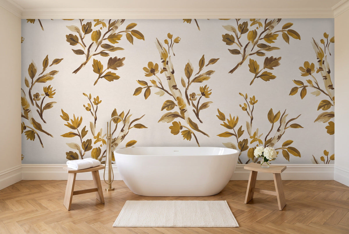 Mustard Birch Botanical Mural in a bathroom