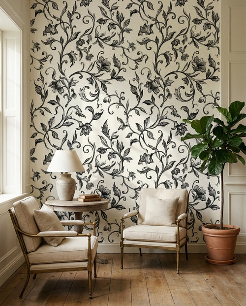 Black-and-white Vine Botanical Mural on a feature wall