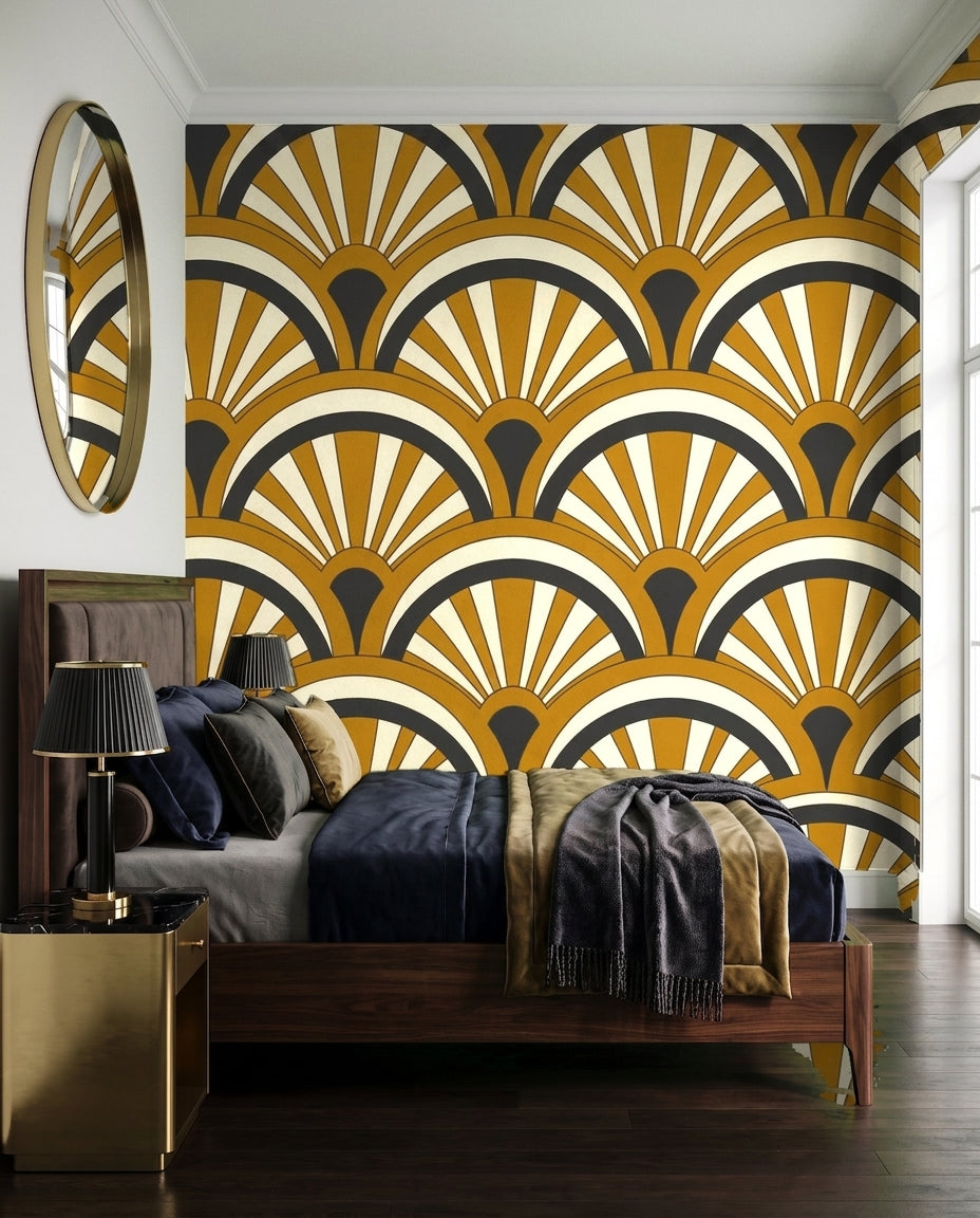 Ochre Fan Geometric Mural on a feature wall
