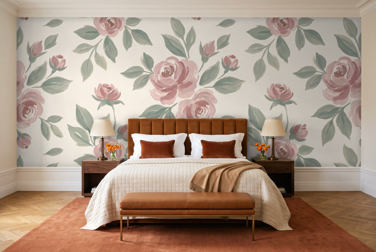Green And Pink Rose Floral Mural in a bedroom