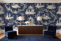 Navy Toile Mural in a living room