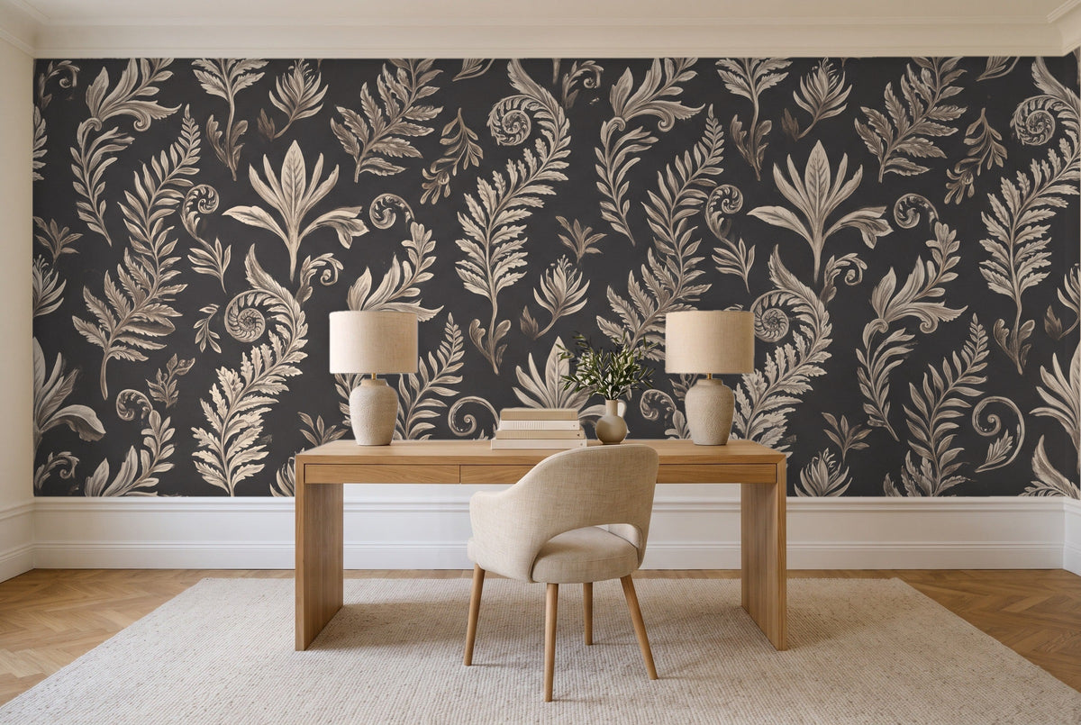 Charcoal Fern Botanical Mural in a home office