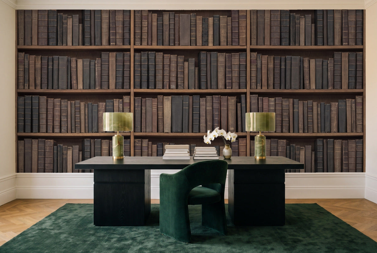 Charcoal Bookshelf Library Mural in a home office