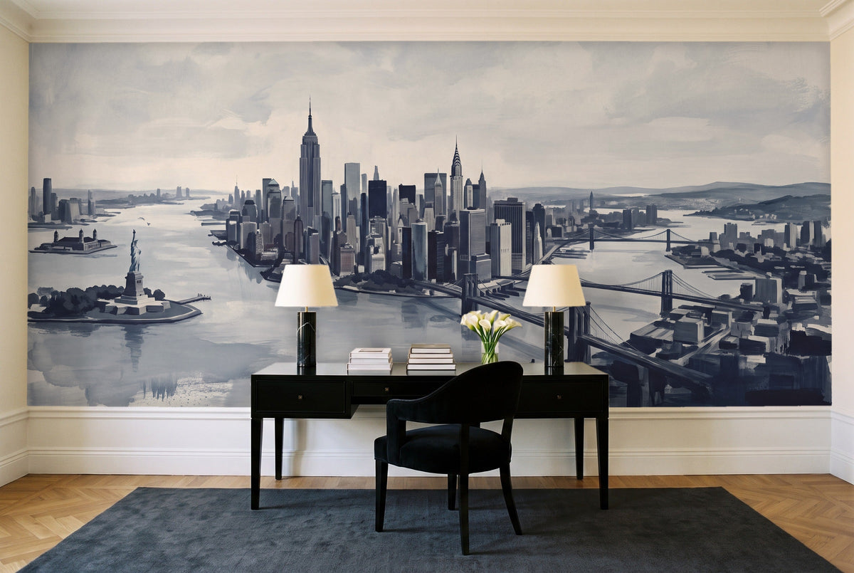 Navy New York Cityscape Mural in a home office
