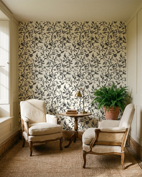 Black-and-white Vine Botanical Mural on a feature wall
