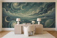 Teal Galaxy Celestial Mural in a home office