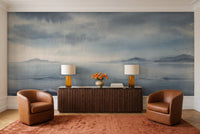 Navy Ocean Landscape Mural in a living room