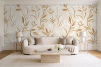 White And Gold Vine Botanical Mural in a living room