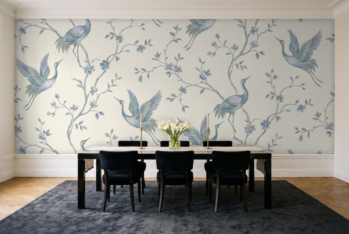Blue Crane Animal Mural in a dining room