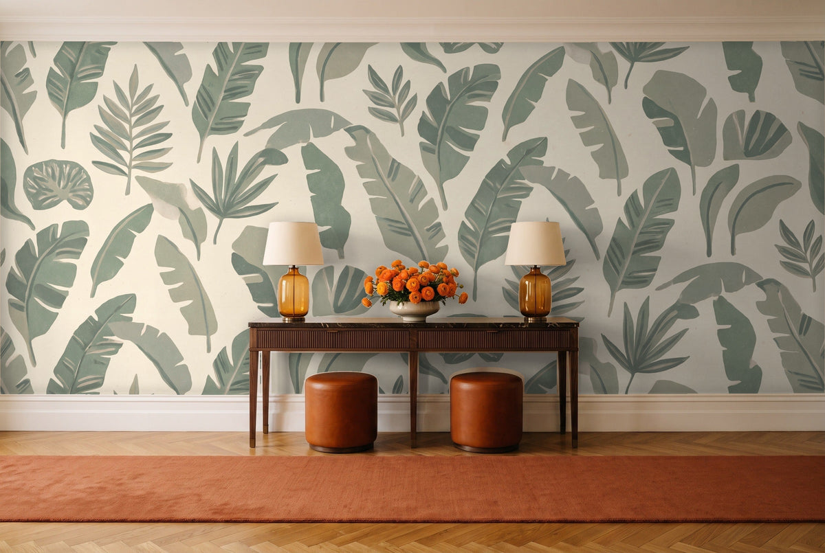 Sage Banana Leaf Tropical Mural in an entryway