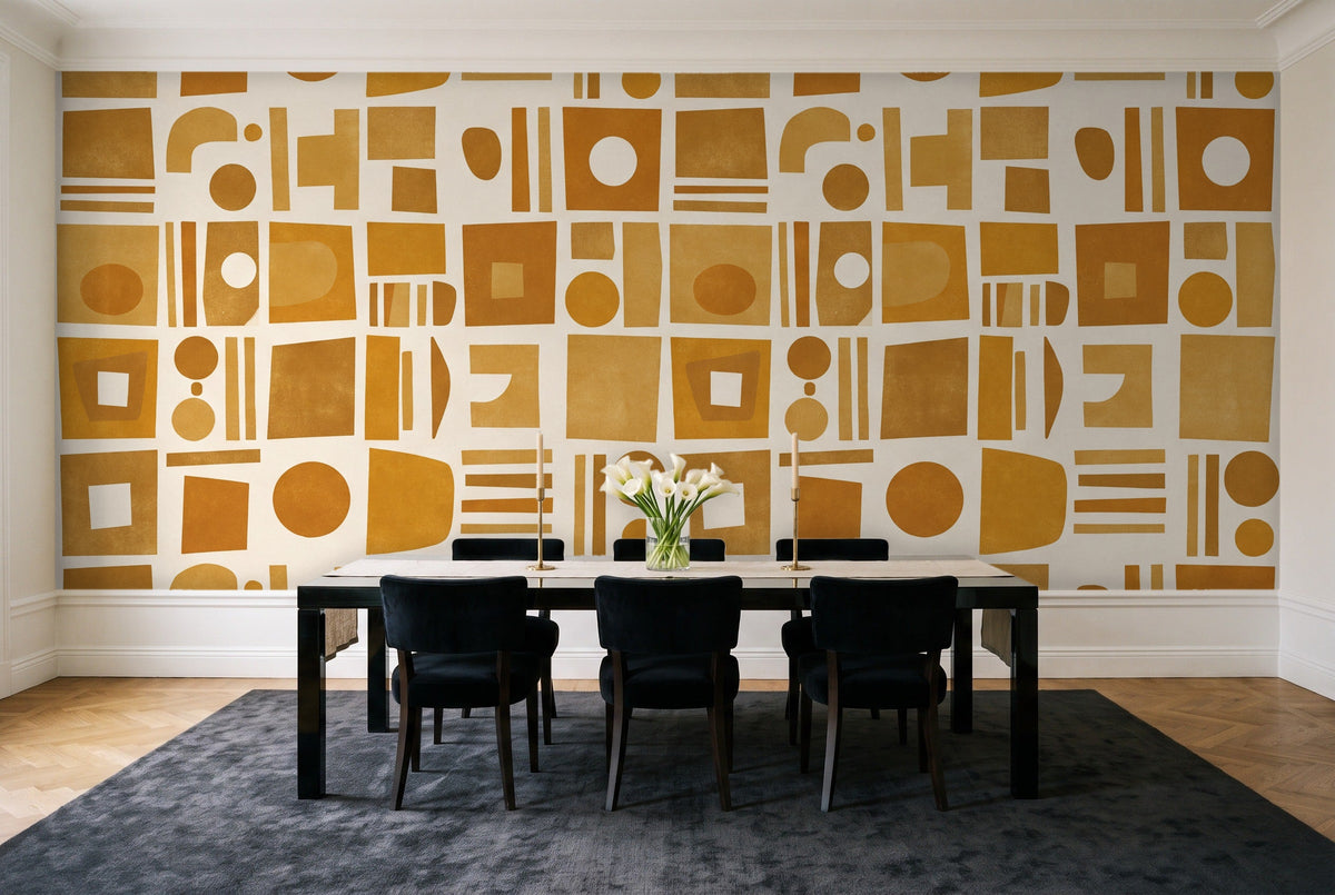 Ochre Grid Geometric Mural in a dining room
