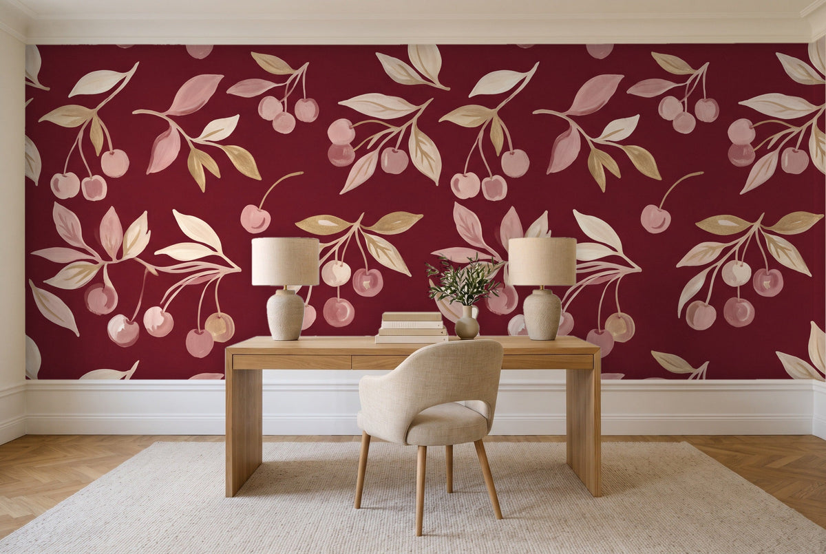 Burgundy Cherry Botanical Mural in a home office