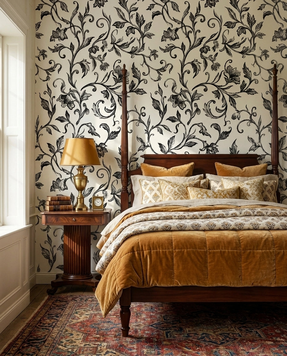 Black-and-white Vine Botanical Mural in an interior