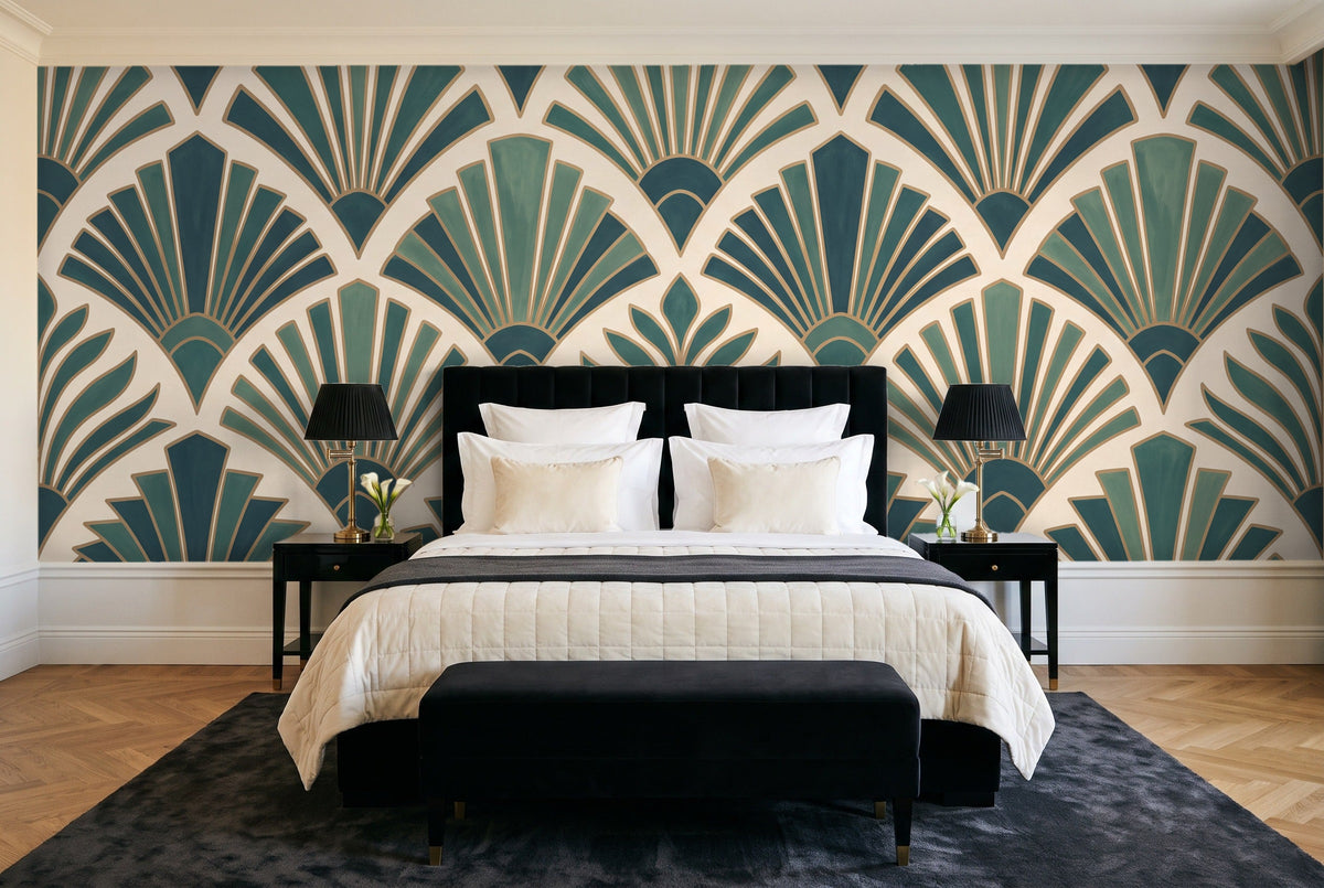 Teal Art Deco Mural in a bedroom
