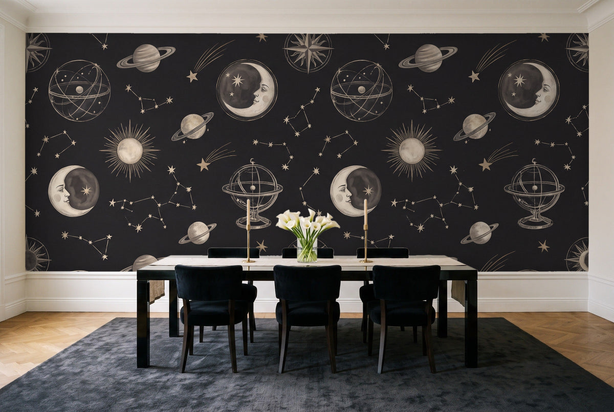 Black Moon Celestial Mural in a dining room