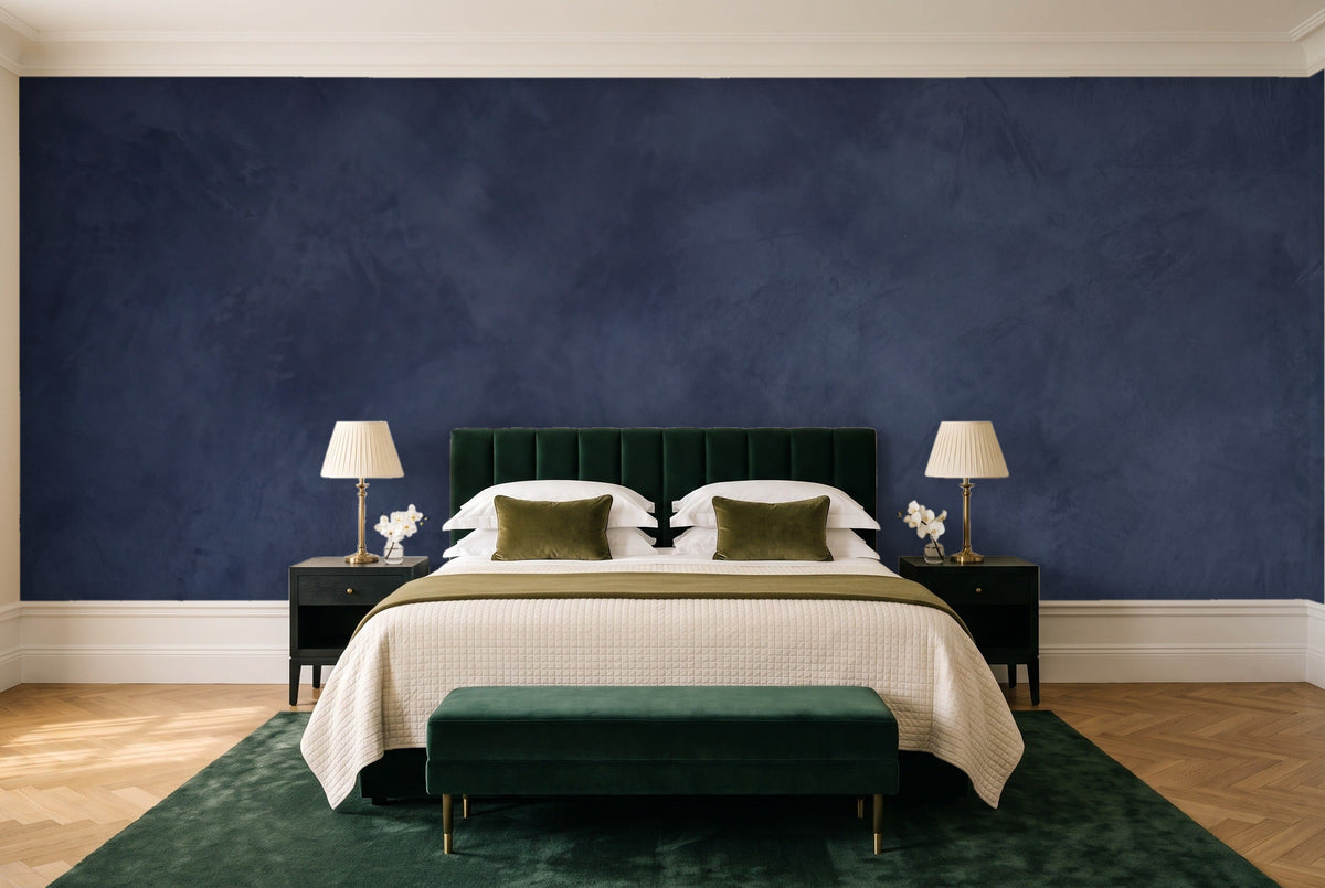 Navy Plaster Texture Mural in a bedroom