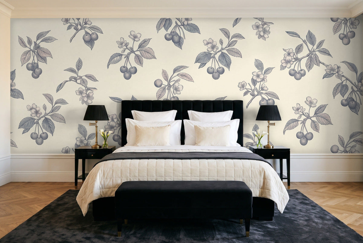 Blue And Grey Cherry Botanical Mural in a bedroom