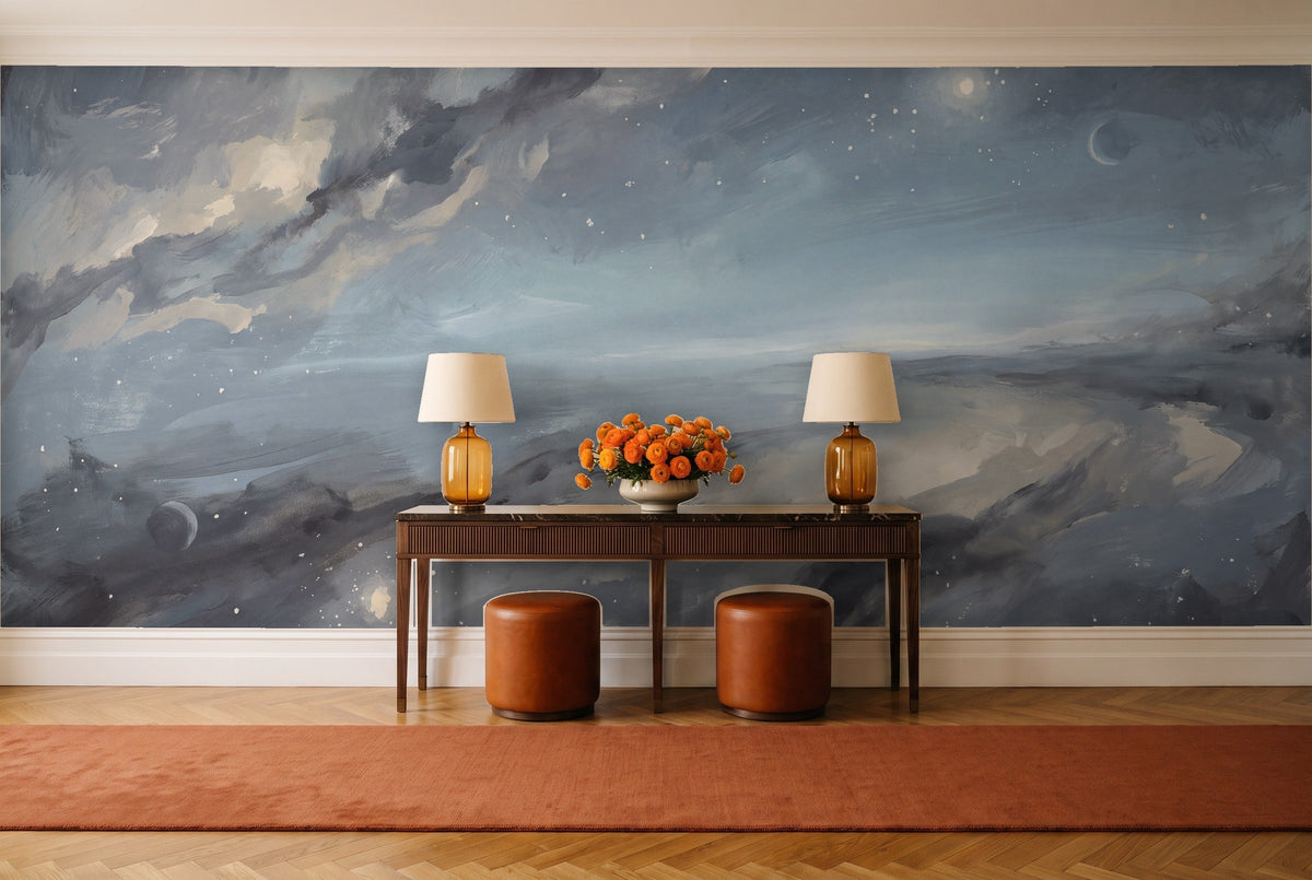 Blue Galaxy Celestial Mural in an entryway