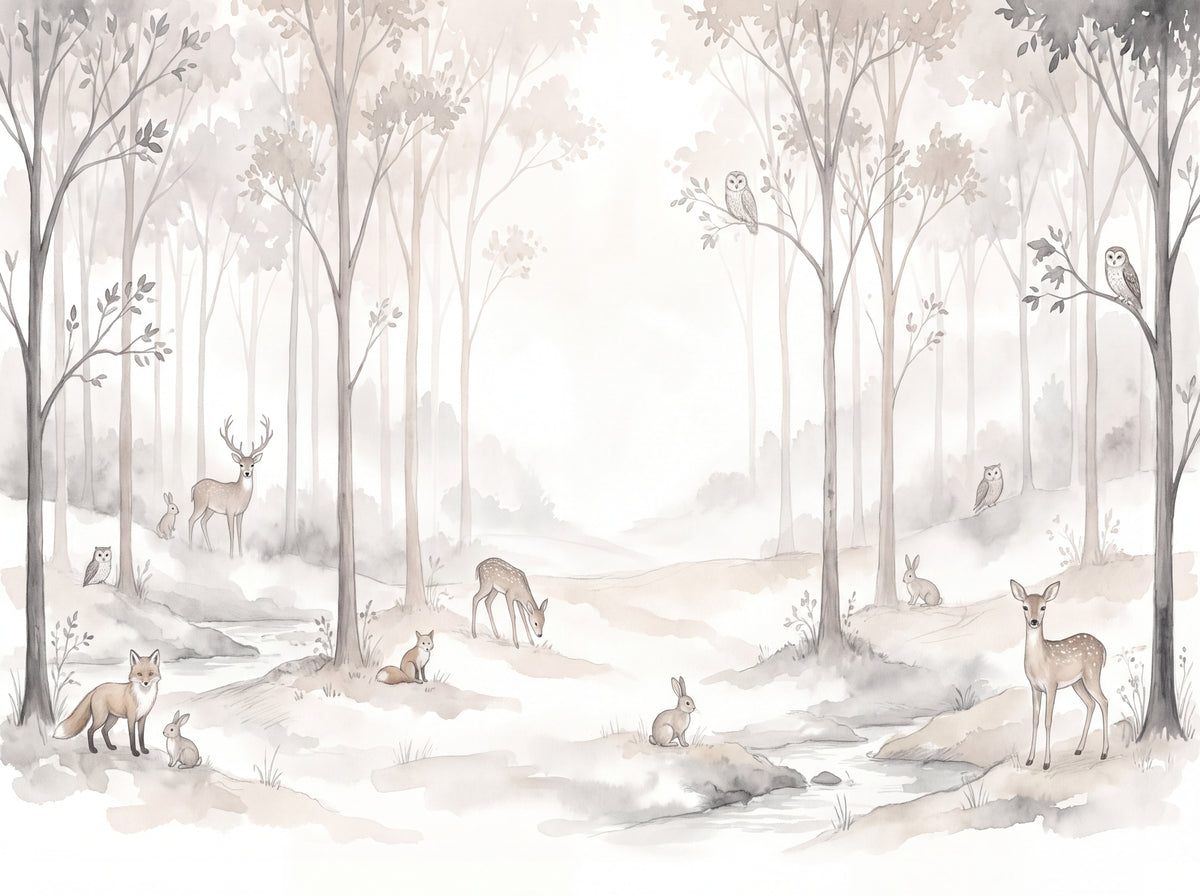 Cream Woodland Animals Landscape Mural design