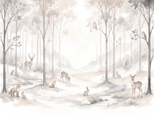 Cream Woodland Animals Landscape Mural sample on the real paper