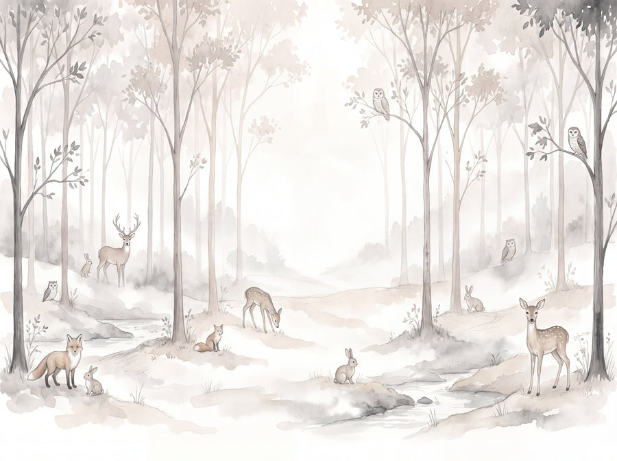 Cream Woodland Animals Landscape Mural