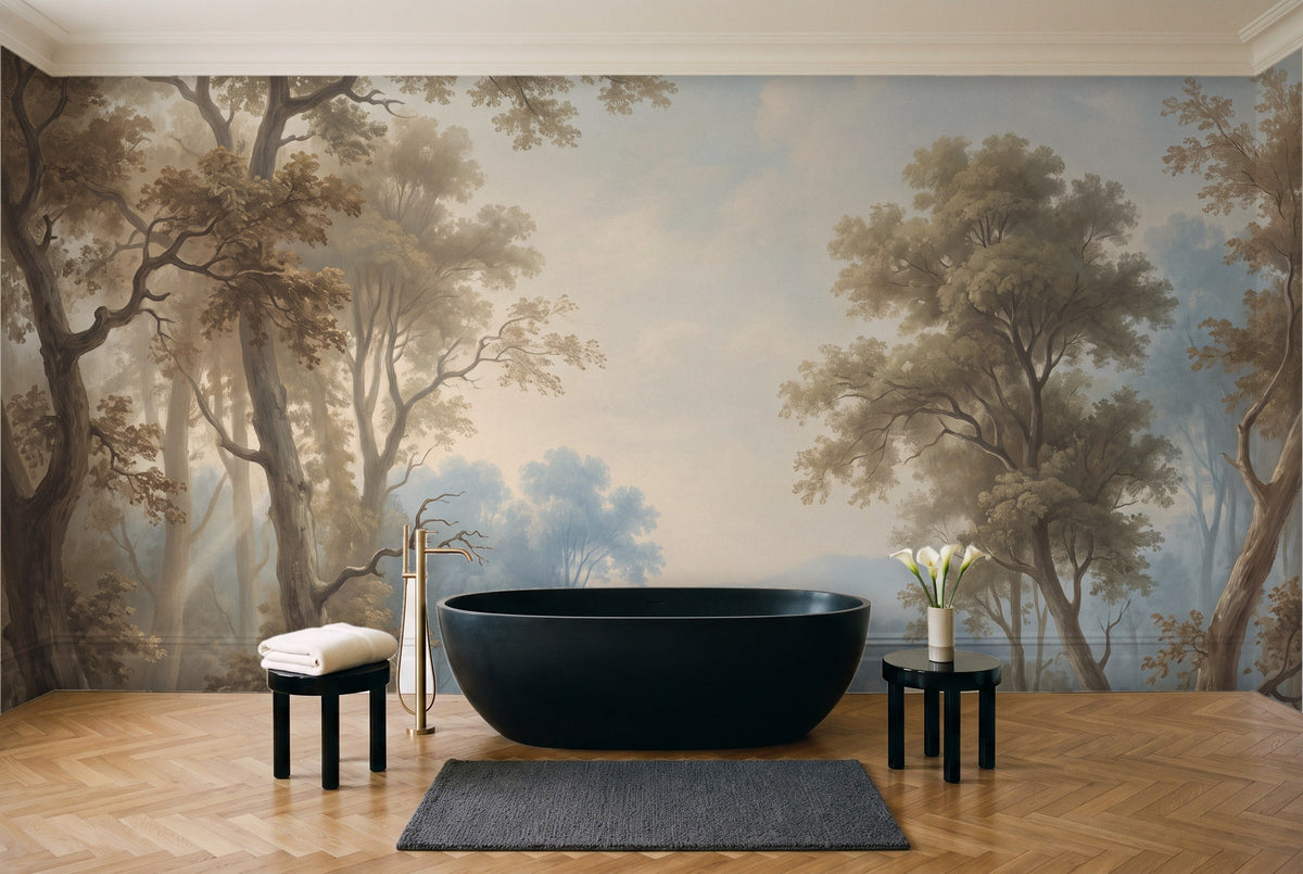 Light Blue Forest Landscape Mural in a bathroom
