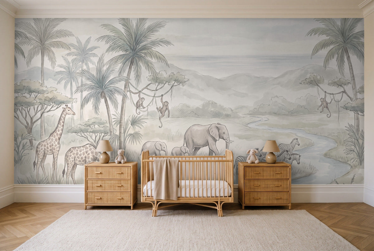 Sage Jungle Animals Landscape Mural in a nursery