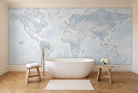 Light Blue World Map Map Mural in a bathroom