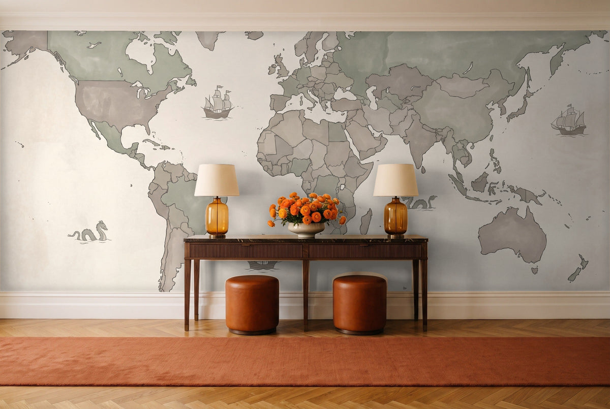 Sage World Map Map Mural in an entryway