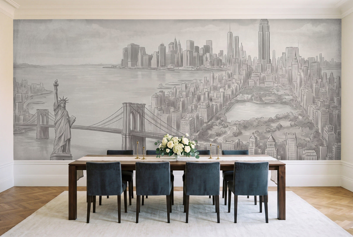 Grey New York Cityscape Mural in a dining room