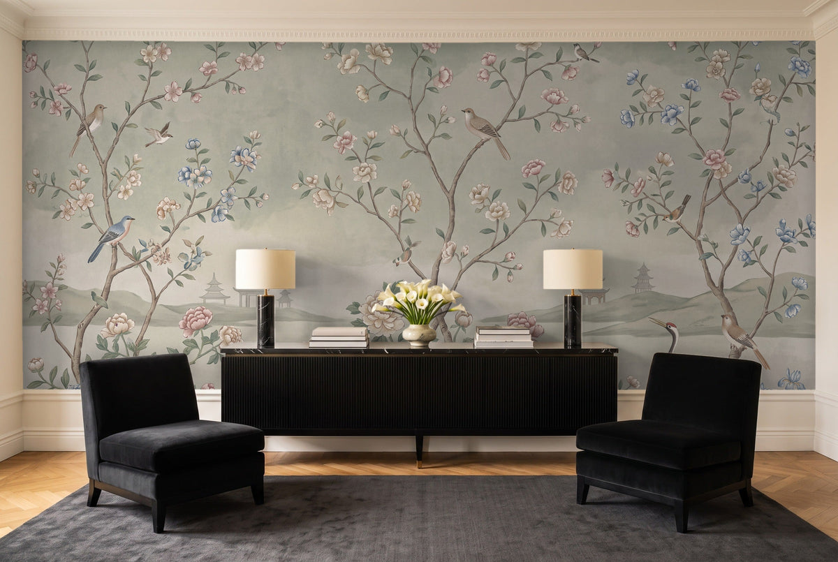 Sage Chinoiserie Garden Chinoiserie Mural in a living room