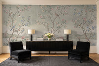 Sage Chinoiserie Garden Chinoiserie Mural in a living room