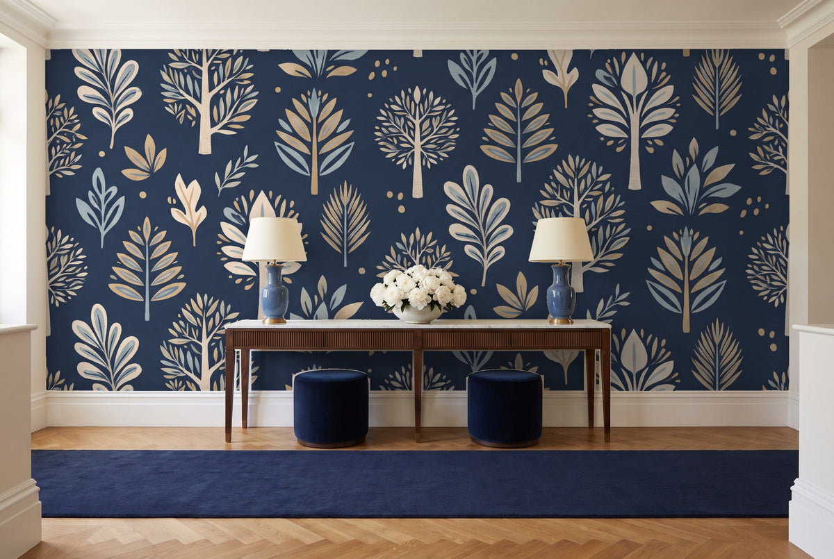 Navy Tree Botanical Mural in an entryway