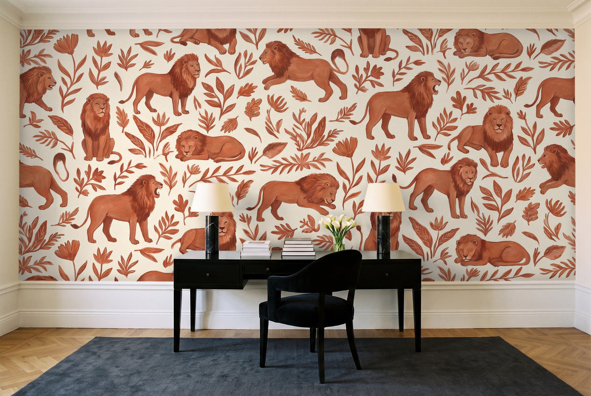 Terracotta Lion Animal Mural in a home office