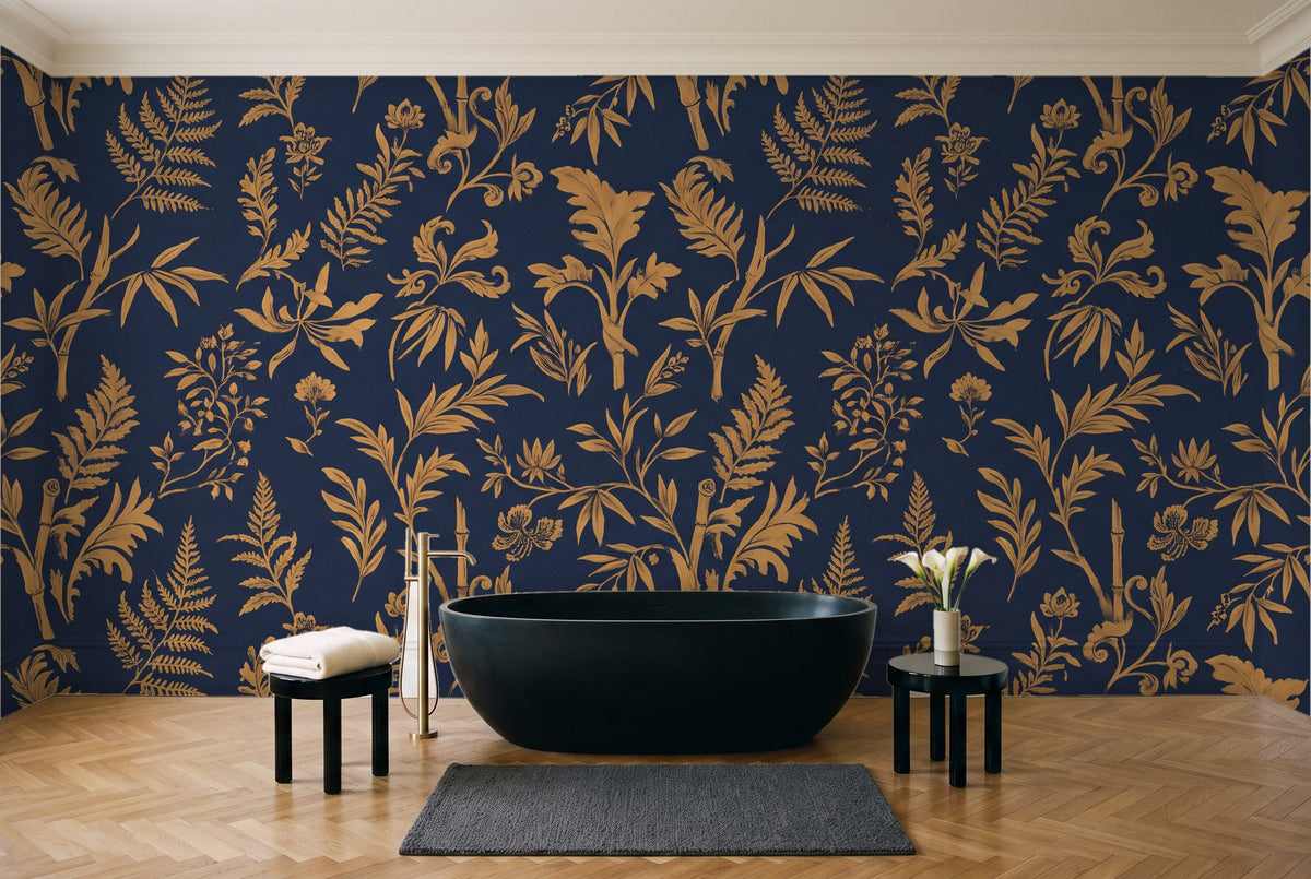 Blue And Gold Fern Botanical Mural in a bathroom