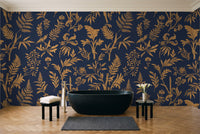 Blue And Gold Fern Botanical Mural in a bathroom