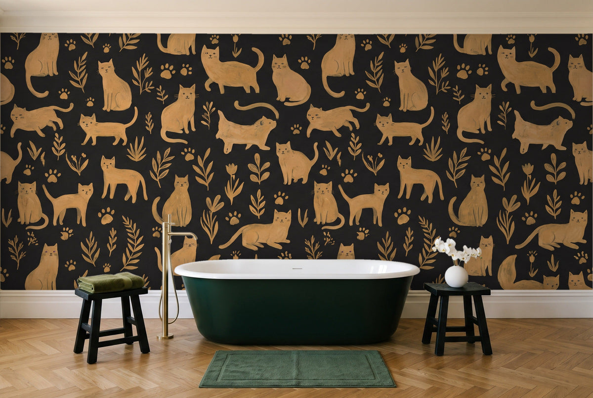 Black And Gold Cat Animal Mural in a bathroom