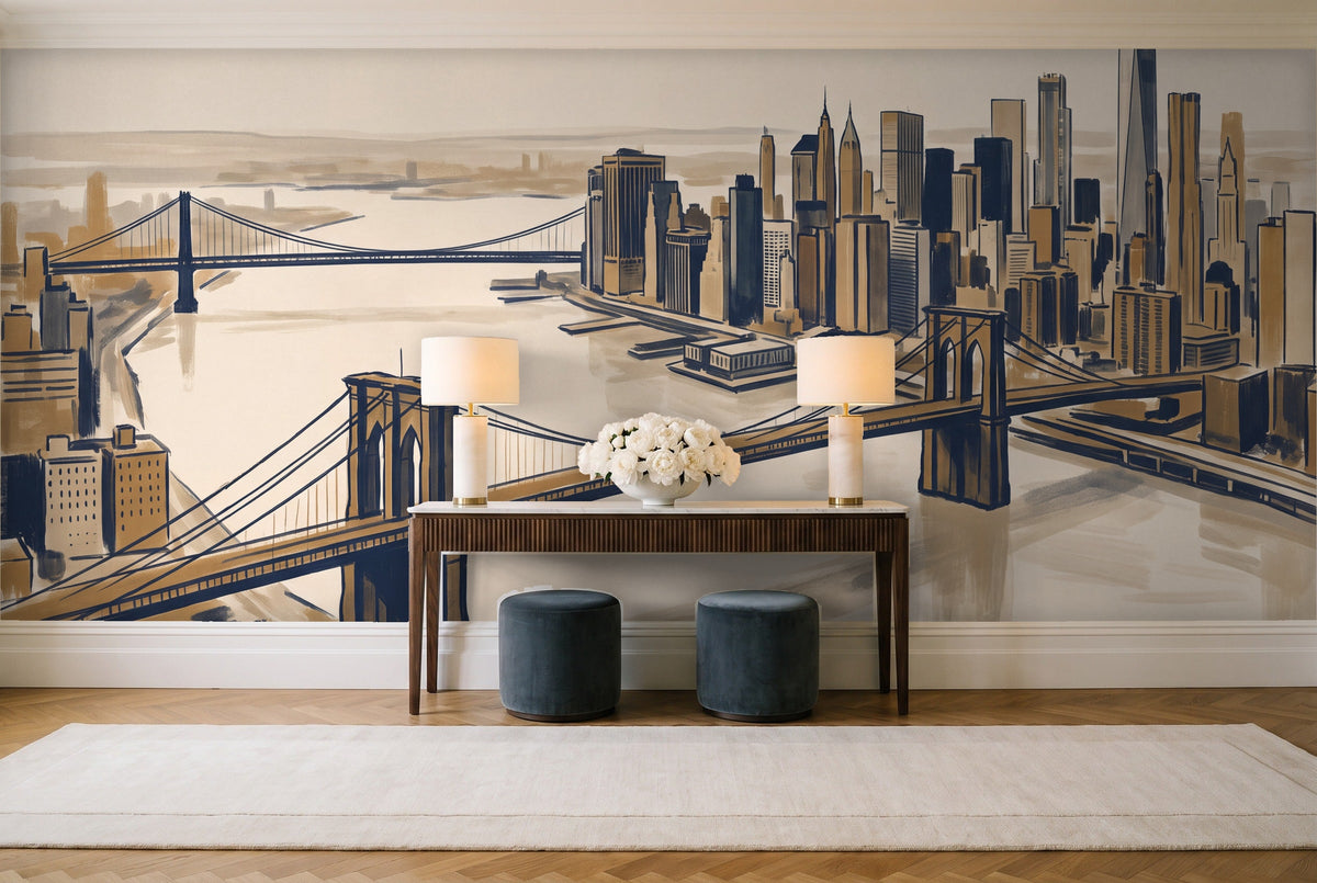 Blue And Gold New York Cityscape Mural in an entryway