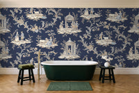 Navy Toile Mural in a bathroom