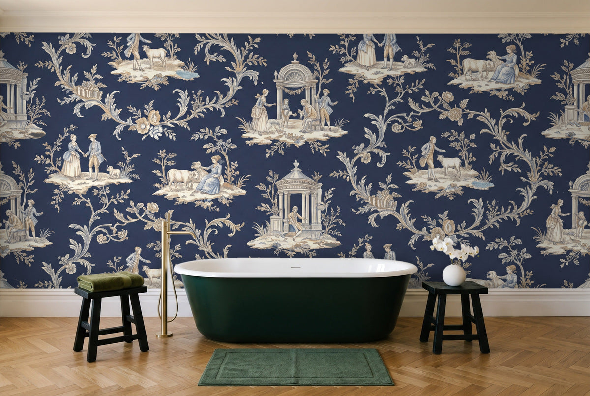 Navy Toile Mural in a bathroom