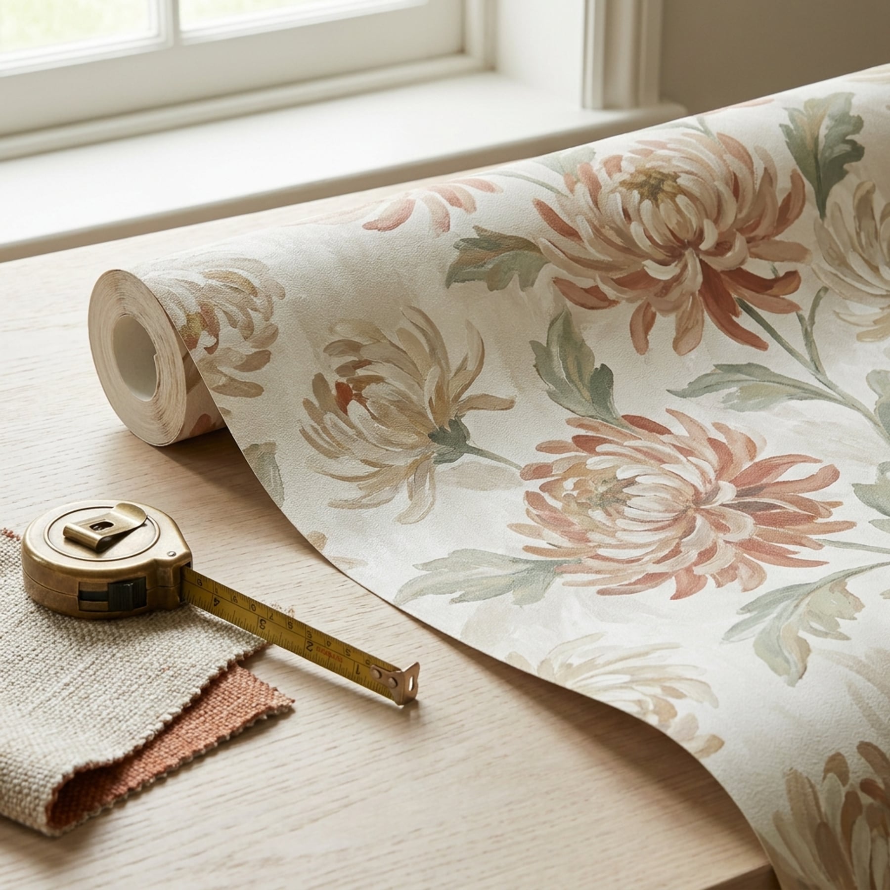 Chrysanthemum wallpaper roll with measuring tape