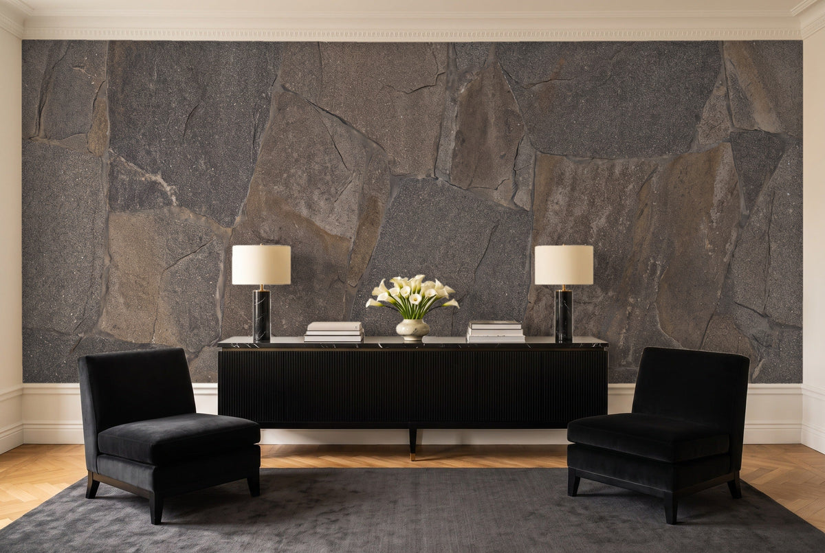 Charcoal Stone Mural in a living room