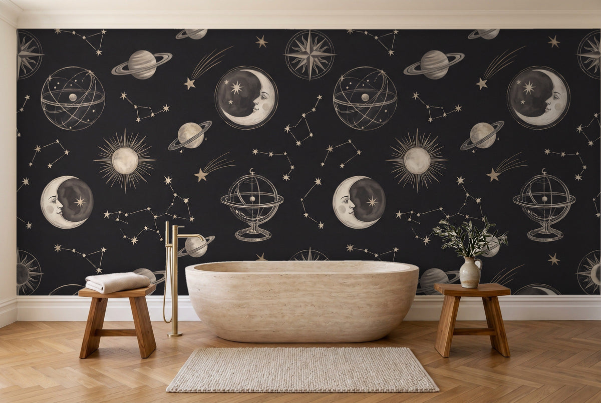 Black Moon Celestial Mural in a bathroom